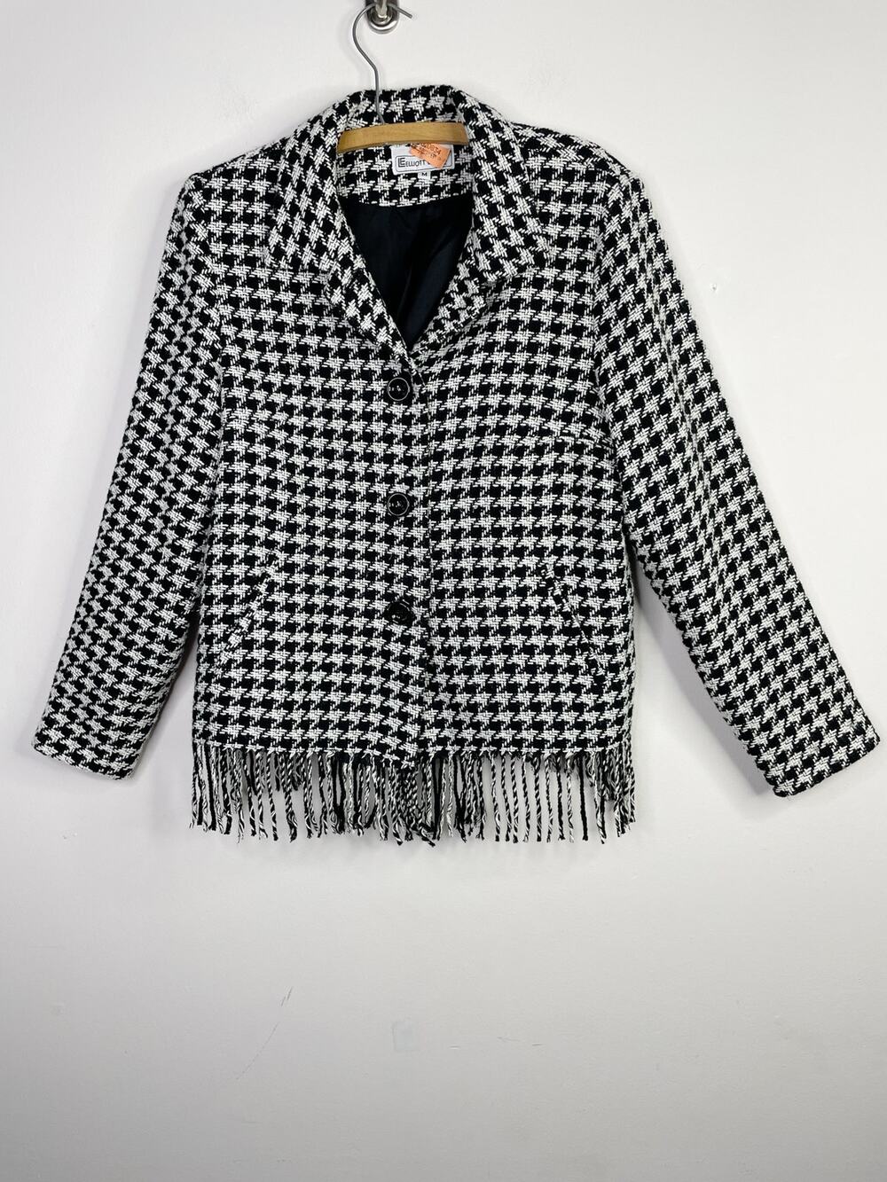 Elliott Lauren 90a Black Houndstooth Plaid Blanket Fringe Blazer Jacket Wool M
